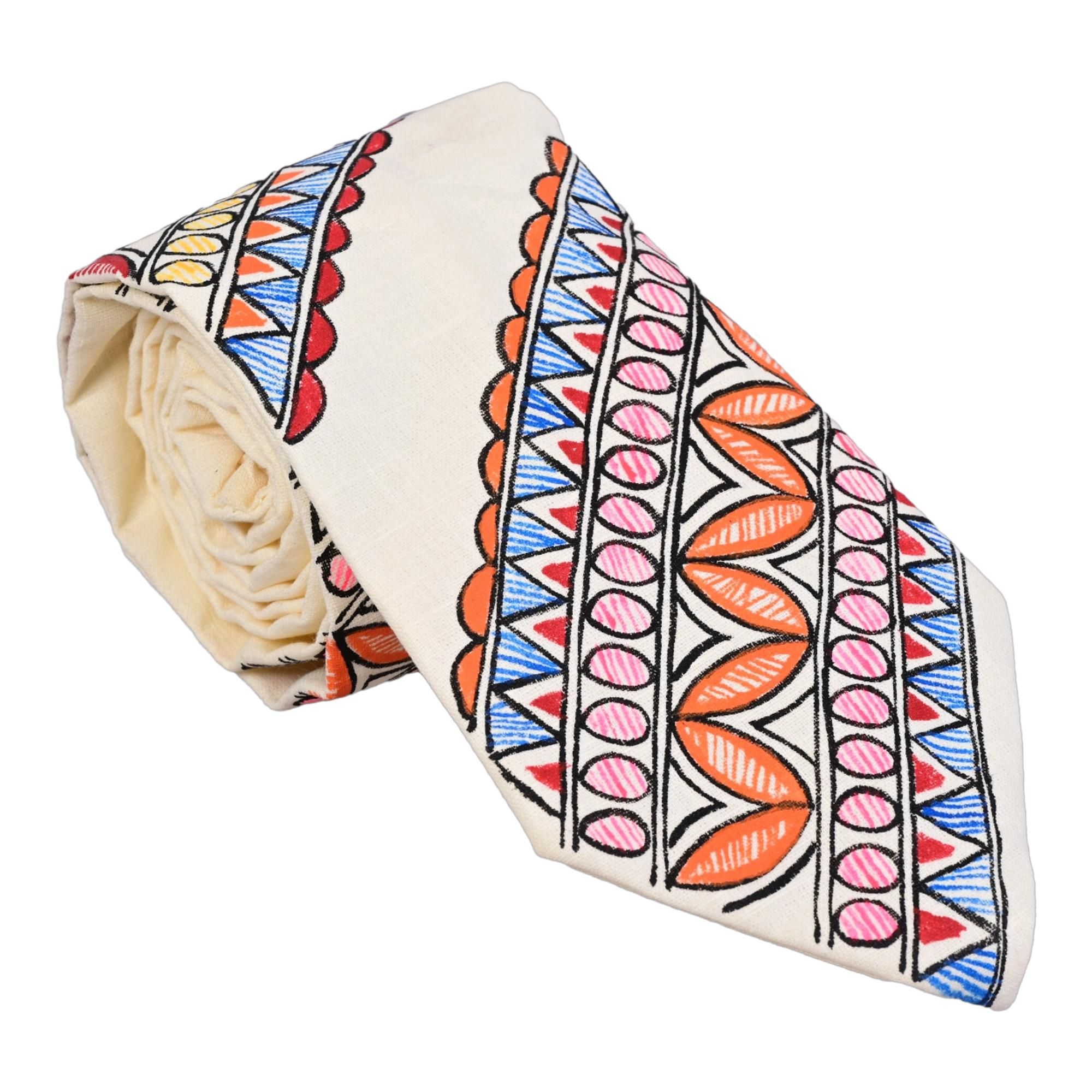 Pure Cotton Handmade madhubani Tie Multi Colour Elegance for Formal and Business Wear, Handcrafted, Handpainted SH (Size standard)