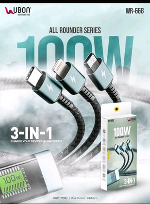 Ubon WR-668 3-in-1 100W Charging Cable  with Fast Charging and Data Transfer
