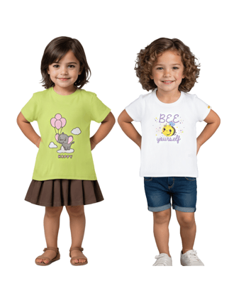 Girls T-Shirt White / Acid Lime Green, Soft Cotton, Ages 2-6 (2pcs pack)