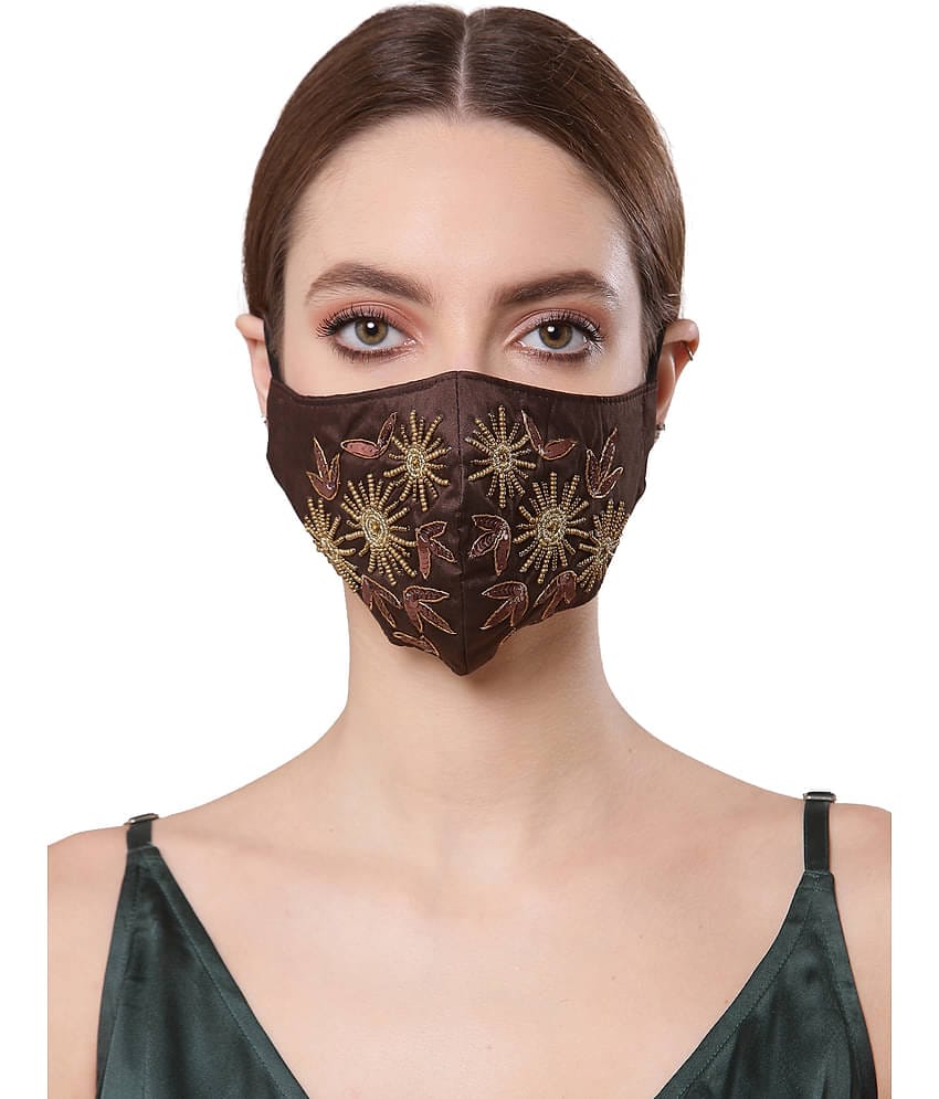 Anekaant Brown & Gold Faux Silk Embellished Mask
