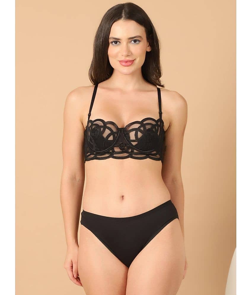 PrettyCat Net/Mesh Women's Bra & Panty Set ( Black ) Hot Lingerie