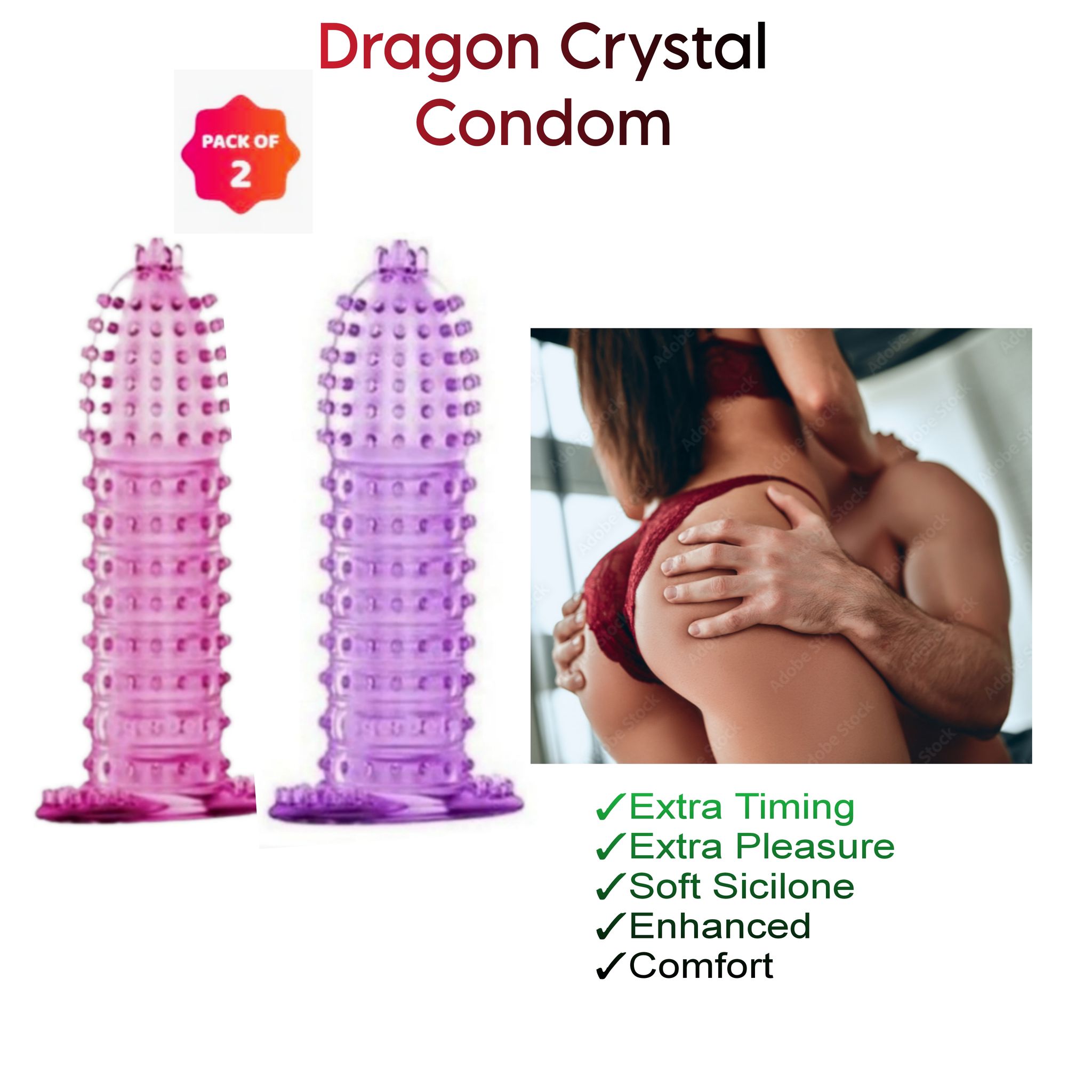 Condom Silicone Dotted Condom Reusable More Pleasure Dragon Condom (Pack of 2) Multicolor