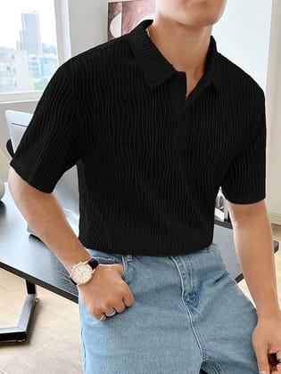  Men's Casual Pleated Polo Shirt - Black