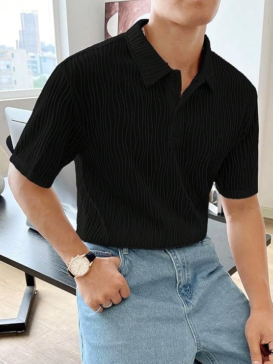  Men's Casual Pleated Polo Shirt - Black