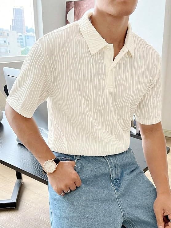  White Pleated Short Sleeve Polo Shirt for Men