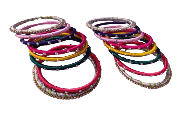 Set of 2, Multicolor Silk Thread Bangles with Stone Work