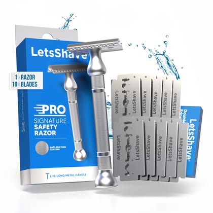 LetsShave Pro Signature DE Safety Razor for Men (+10 Blades) | Double Edge Classic Razor with Stainless Steel Blades | Premium Metal Handle for Precision & Control | Traditional Single Blade Shaver