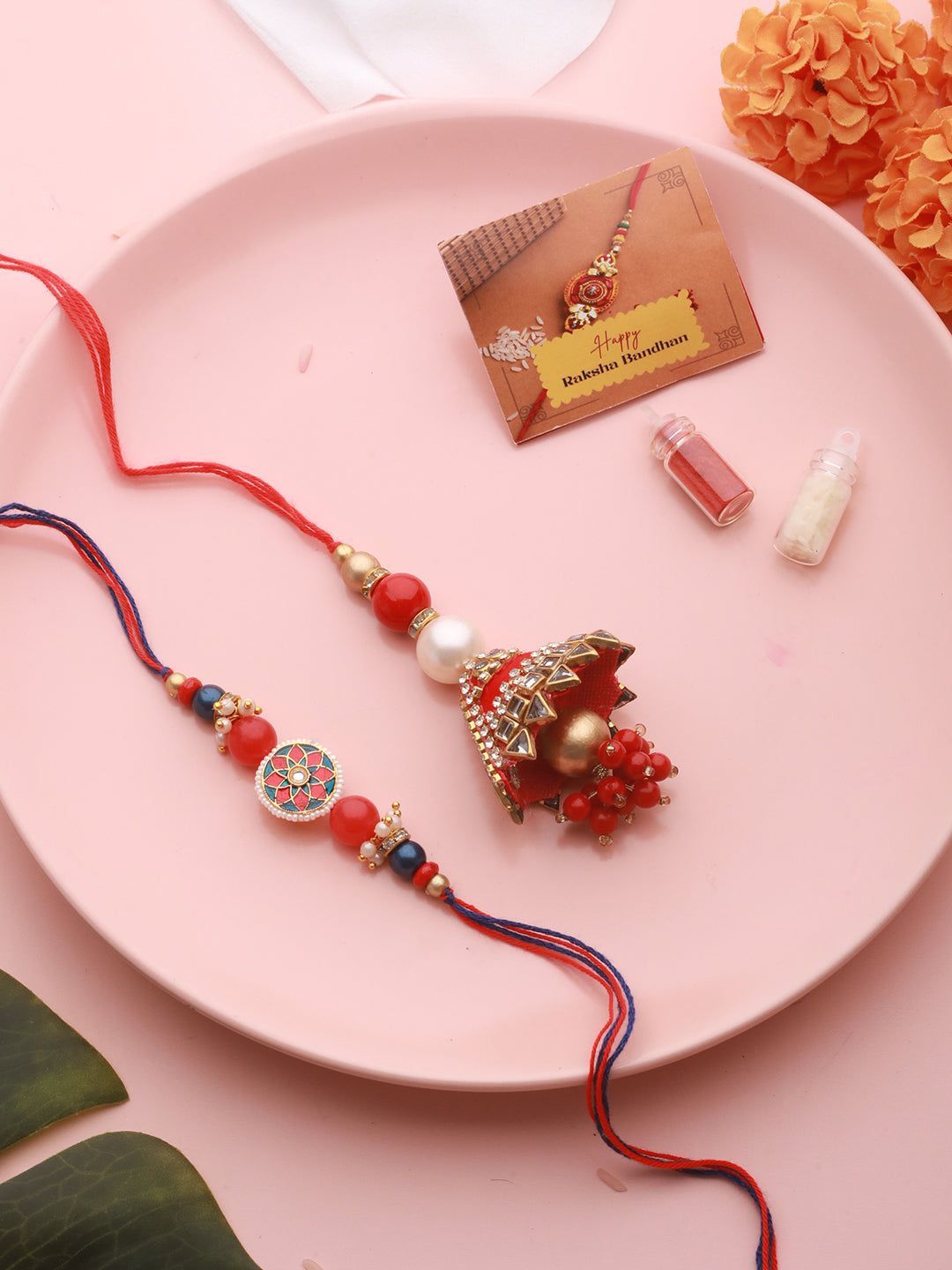 Set Of 2 Designer Red  Kundan & pearl  Handcrafted Lumba Rakhi Set With Roli Chawal For Bhai & Bhabhi