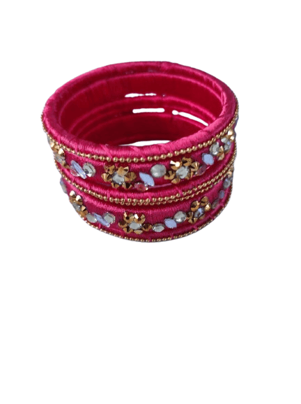Pink Silk Thread Bangle Set with Stone and Pearl Embellishment - Bangles & Bracelets | Buy online on ZillyBuy