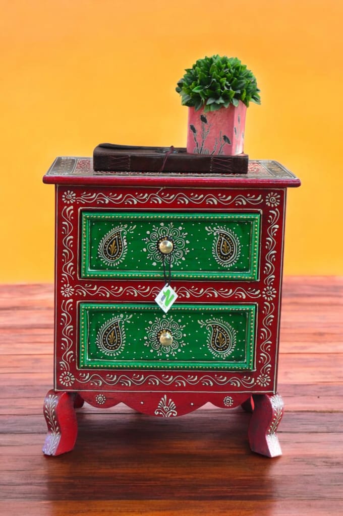 "Hand-painted Wooden 2-Drawer Accent Cabinet with Intricate Paisley Design and Red Base".
