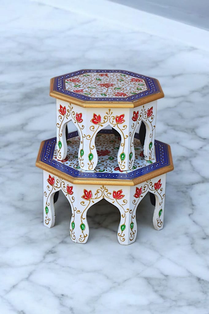 Wooden Hand Painted Octangle Stool Set of 2 Floral Design