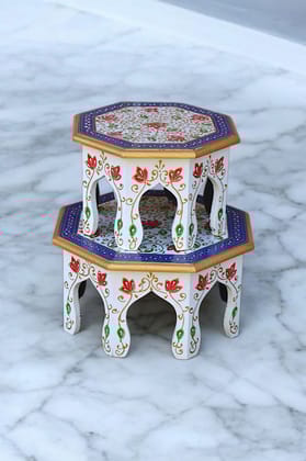 Wooden Hand Painted Octangle Stool Set of 2 Floral Design