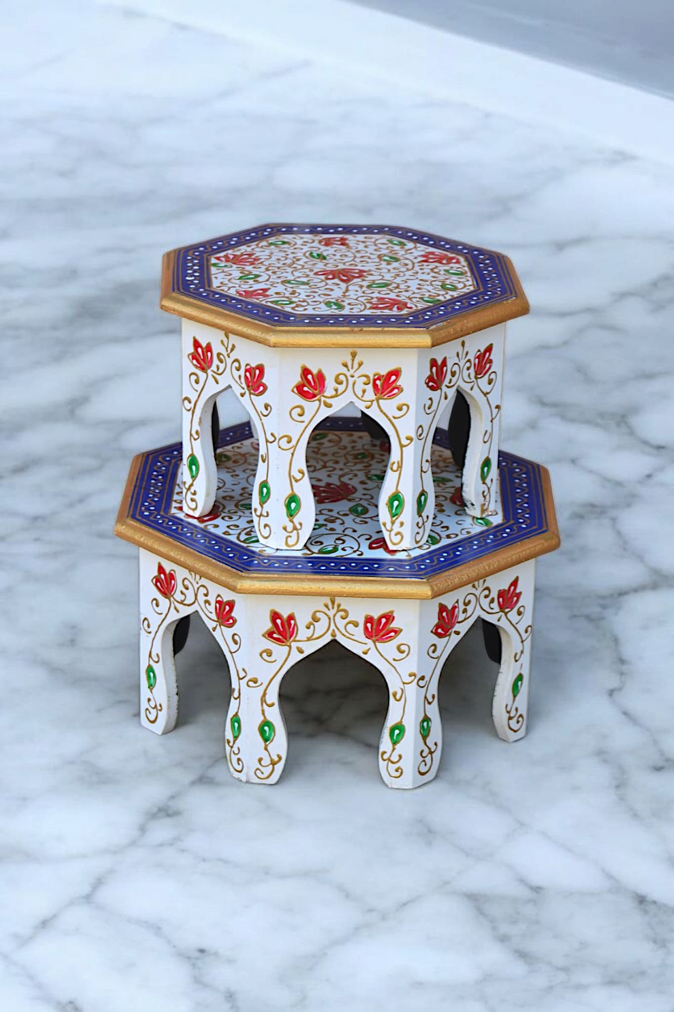 Wooden Hand Painted Octangle Stool Set of 2 Floral Design