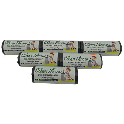 Clean Throw Black Garbage Bags Medium (Pack of 6) | 19 x 21 inches | Strong & Leakproof with Detachable Tie-Tape | 30 Bags Per Roll | Ideal for Home, Office, Kitchen, Wet and Dry Waste Disposal
