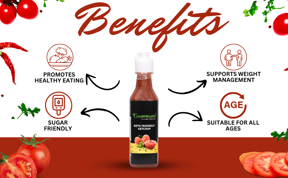 Growwsafe -Tomato Keto Ketchup | Zero Sugar | Low Calorie | No Artificial Colors and Flavours | Sweet and Tangy Healthy Sauce | Ultra Low-Carb and Ultra Low-GI | Tomato Sauce | Diabetic Keto Friendly | (300g)