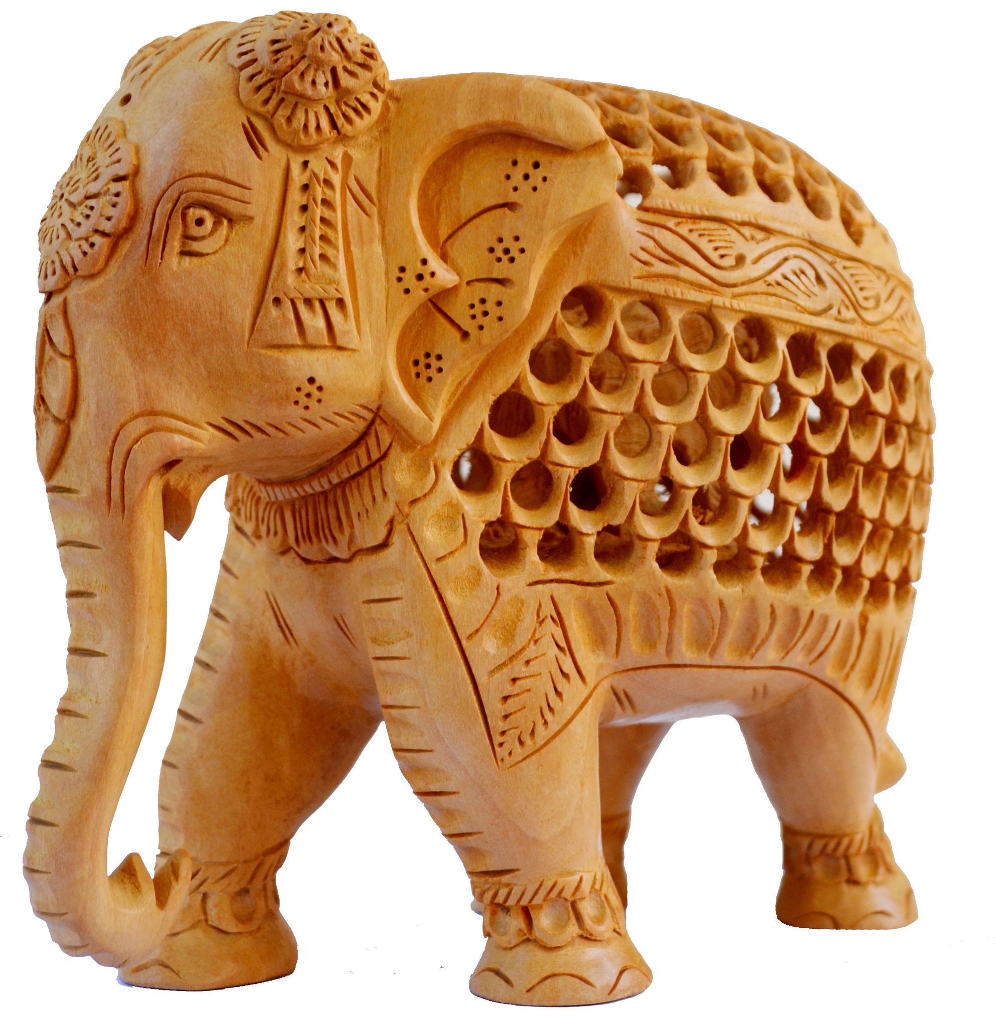 Hand-Carved Wooden Elephant Statue Small Size Gold Polish Decorate for Your Home, Office Table Decorative Gift Article Animal Showpiece Figurines (Set of 1 Piece)