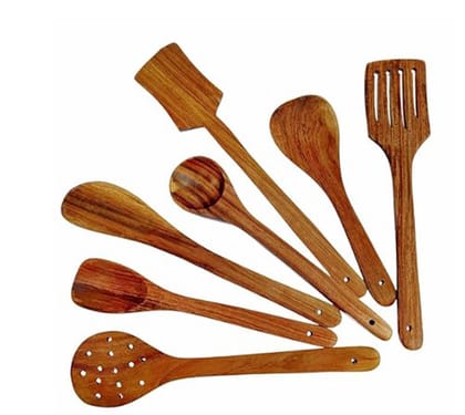 SOUVNEAR Natural Wooden Spoon Set for Cooking Includes Frying Serving Spatula Chapati Dessert Rice Spoons Wooden for Nonstick Cookware Kitchen Utensils and Cooking Spoon Set of 7