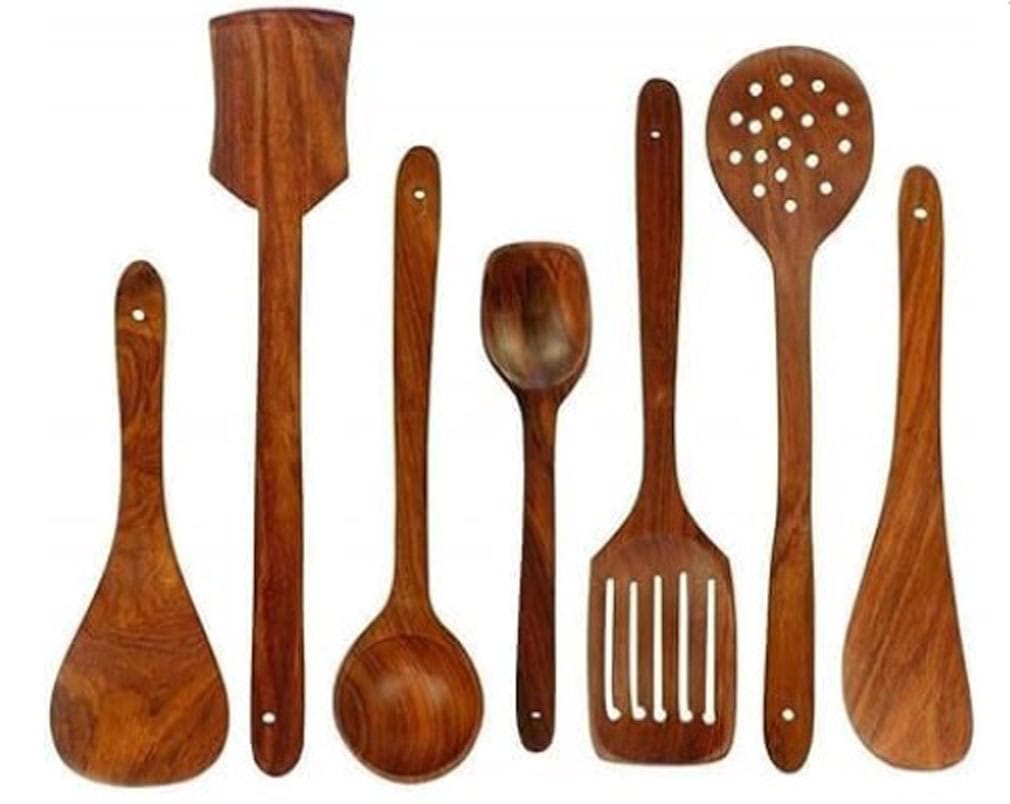 SOUVNEAR Natural Wooden Spoon Set for Cooking Includes Frying Serving Spatula Chapati Dessert Rice Spoons Wooden for Nonstick Cookware Kitchen Utensils and Cooking Spoon Set of 7
