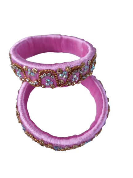 Pink Silk Thread Bangle Set with Stone and Pearl Embellishment for Women and Girls (Pack of 2) - Bangles & Bracelets | Buy online on ZillyBuy