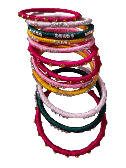 Set of 12 Silk Thread Bangles with Stone Work in Pink and Green