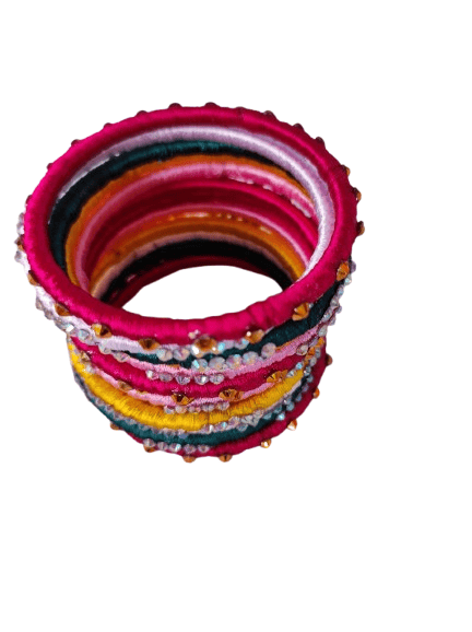 Set of 12 Silk Thread Bangles with Stone Work in Pink and Green