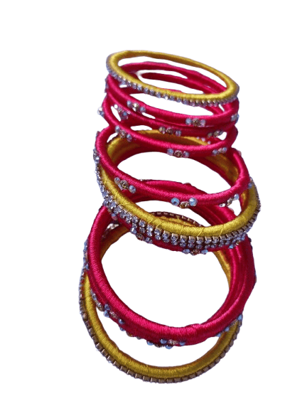 Red and Yellow Silk Thread Bangles with Stone Work -