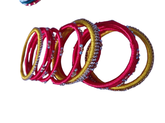 Red and Yellow Silk Thread Bangles with Stone Work -