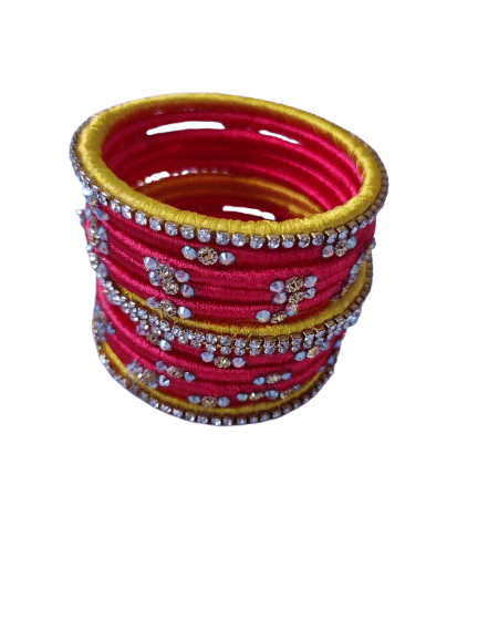 Red and Yellow Silk Thread Bangles with Stone Work -