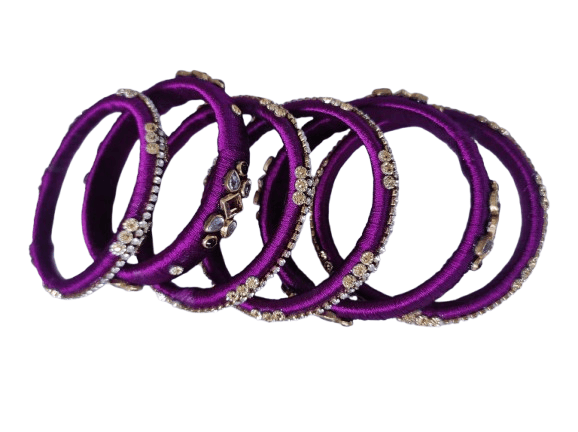 Set of 6 Purple Silk Thread Bangles with Stone and Pearl Embellishment