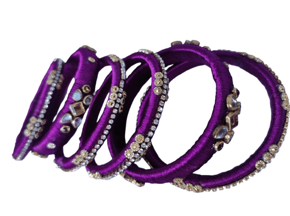 Set of 6 Purple Silk Thread Bangles with Stone and Pearl Embellishment