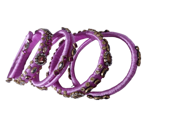 Set of 6 Bangles with Rhinestone Accents - Pink