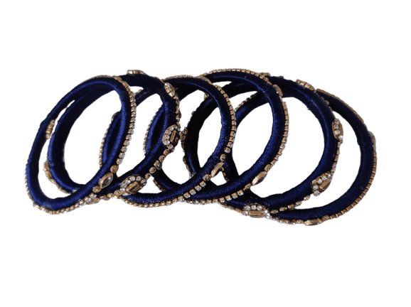 Set of 6 Blue Silk Thread Bangles with Rhinestone Accents