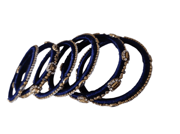 Set of 6 Blue Silk Thread Bangles with Rhinestone Accents