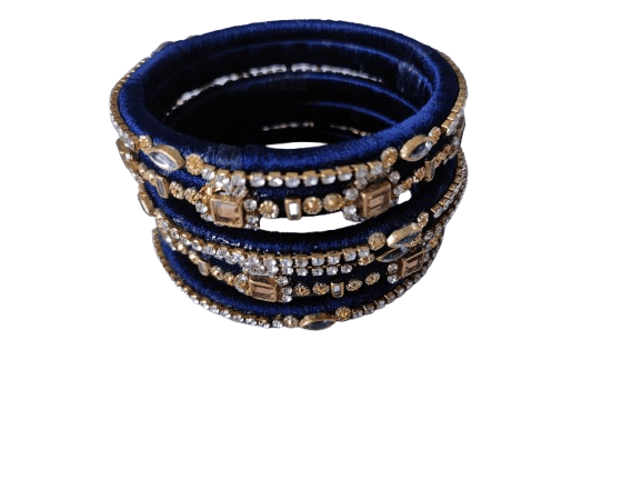 Set of 6 Blue Silk Thread Bangles with Rhinestone Accents