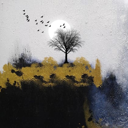   ABSTRACT LANDSCAPE PAINTING WITH TREE AND BIRDS 24in X 24in WITH BLACK FRAME 