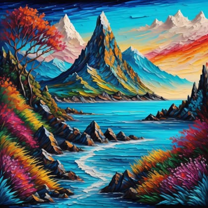 MODERN AND COLURFUL LANDSCAPE ART 24in X 24in WITH BLACK FRAME 