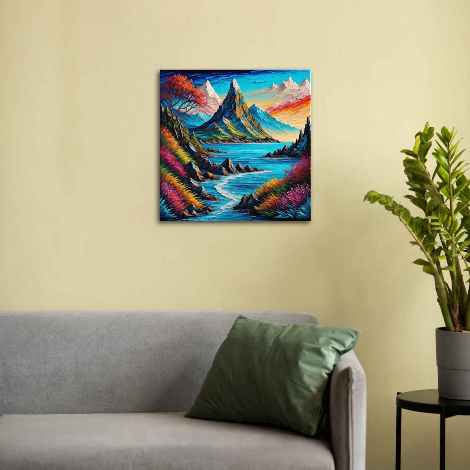 MODERN AND COLURFUL LANDSCAPE ART 24in X 24in WITH BLACK FRAME