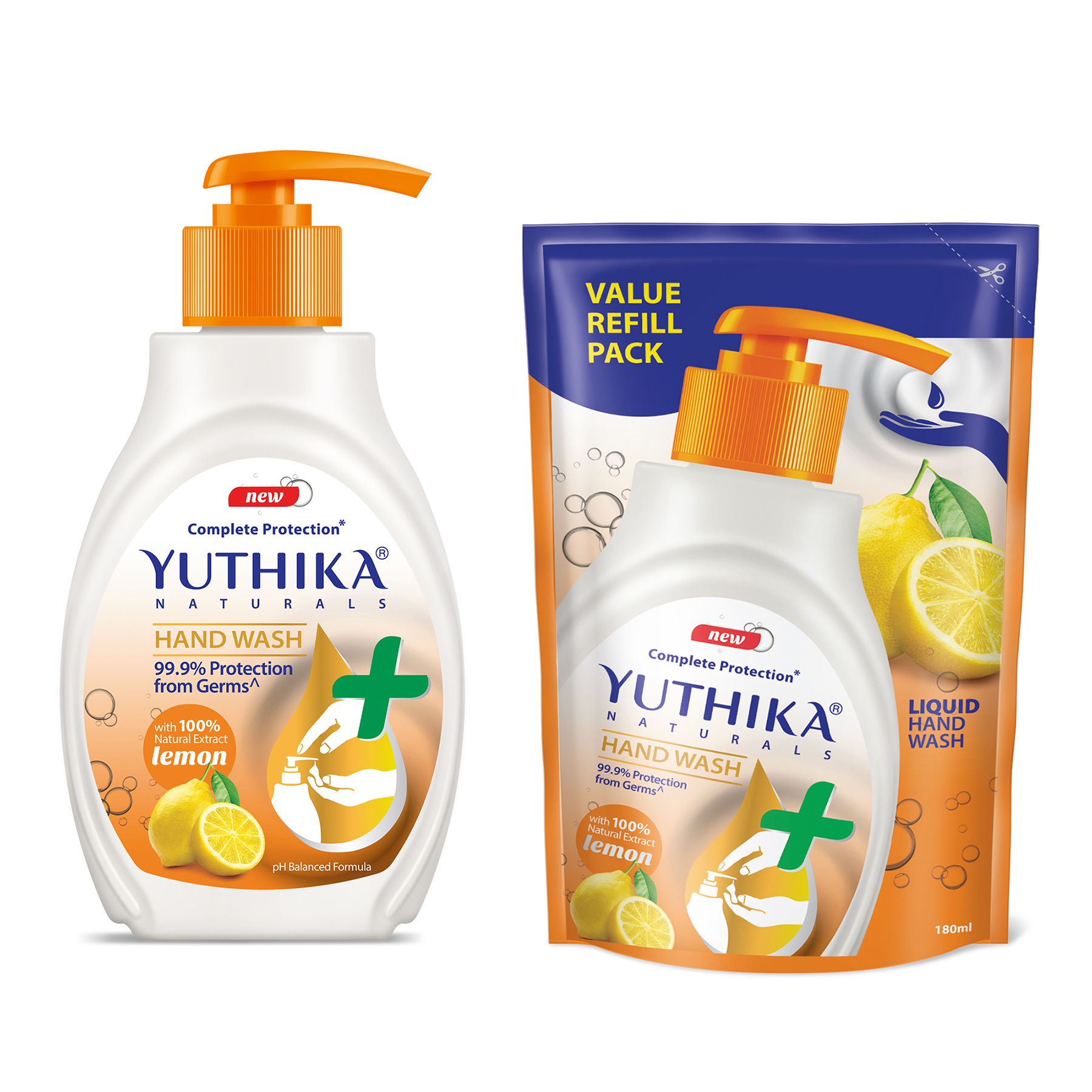 Yuthika Lemon Handwash Combo Pack (200ml Pump + 180ml Refill), Germ Protection Liquid Hand Wash with pH Balanced Formula