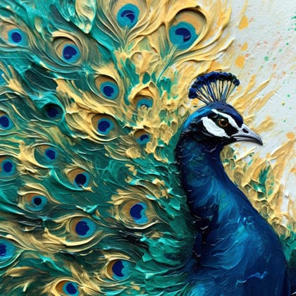 COLOURFUL PEACOCK PAINTING 24in X 24in WITH BLACK FRAME 