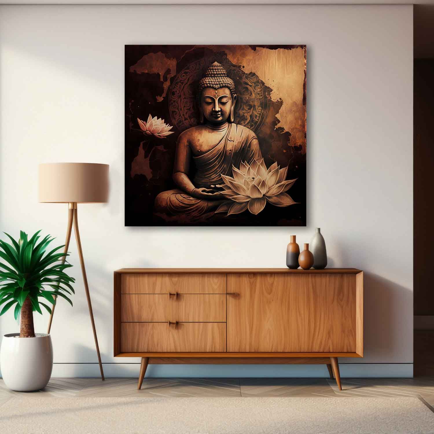 ELEGANT AND DETAILED BUDDHA PAINTING 24in X 24in WITH BLACK FRAME 