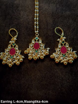 Pacchi Kundan leaf shaped earrings with maangtika in ruby and white