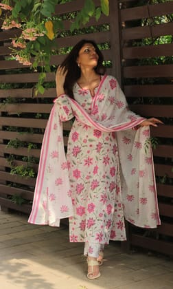 Cotton Off White & Pink Meadow Print Suit with Lace Detailing & Cotton Printed Dupatta-M