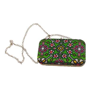 Handmade Printed Patola Box Clutch Bag with Sling Chain