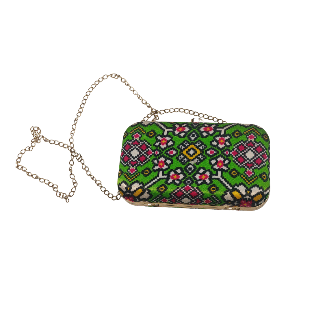 Handmade Printed Patola Box Clutch Bag with Sling Chain