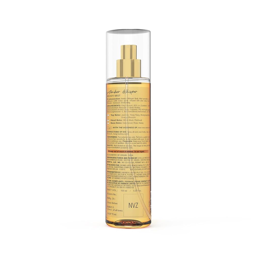 Fabessentials Amber Whisper Body Mist | Long-Lasting Luxe Fine Fragrance with Honeysuckle, Musk & Orange Blossom | Hydrating & Skin-Friendly | Non-Irritating Daily Use Perfume Mist | 150ml