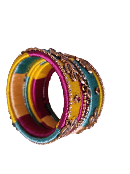 Set of 2 Green & Yellow Silk Thread Bangles with Stone Work for Women