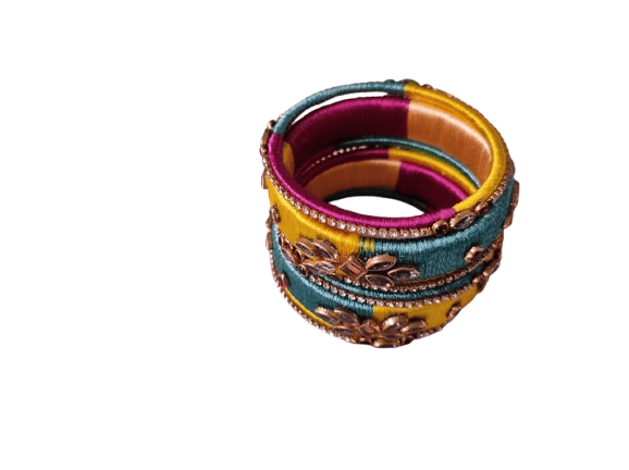 Set of 2 Green & Yellow Silk Thread Bangles with Stone Work for Women