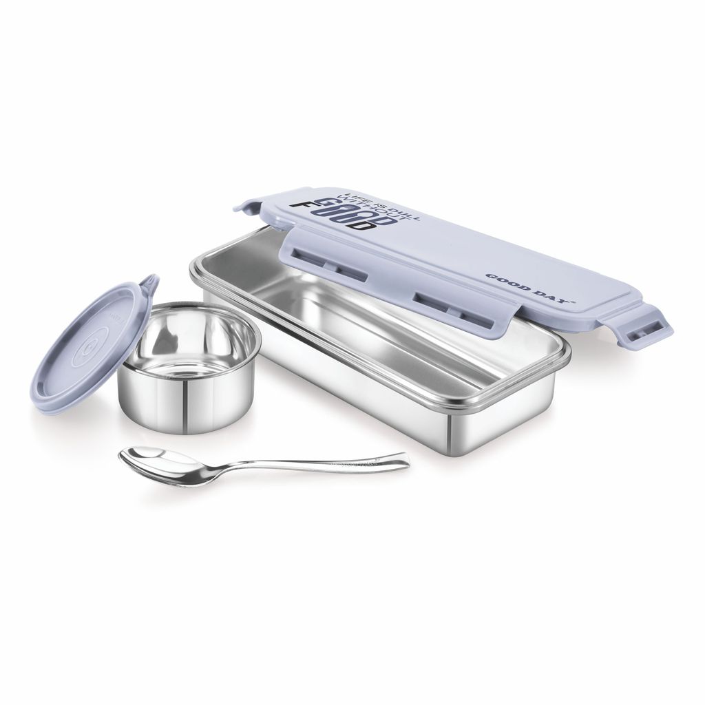 Good Day Passion Stainless Steel Lunch Box with Airtight Lid for School Kids and Office Executives (1 Piece, Gray) , (600ml+150ml)