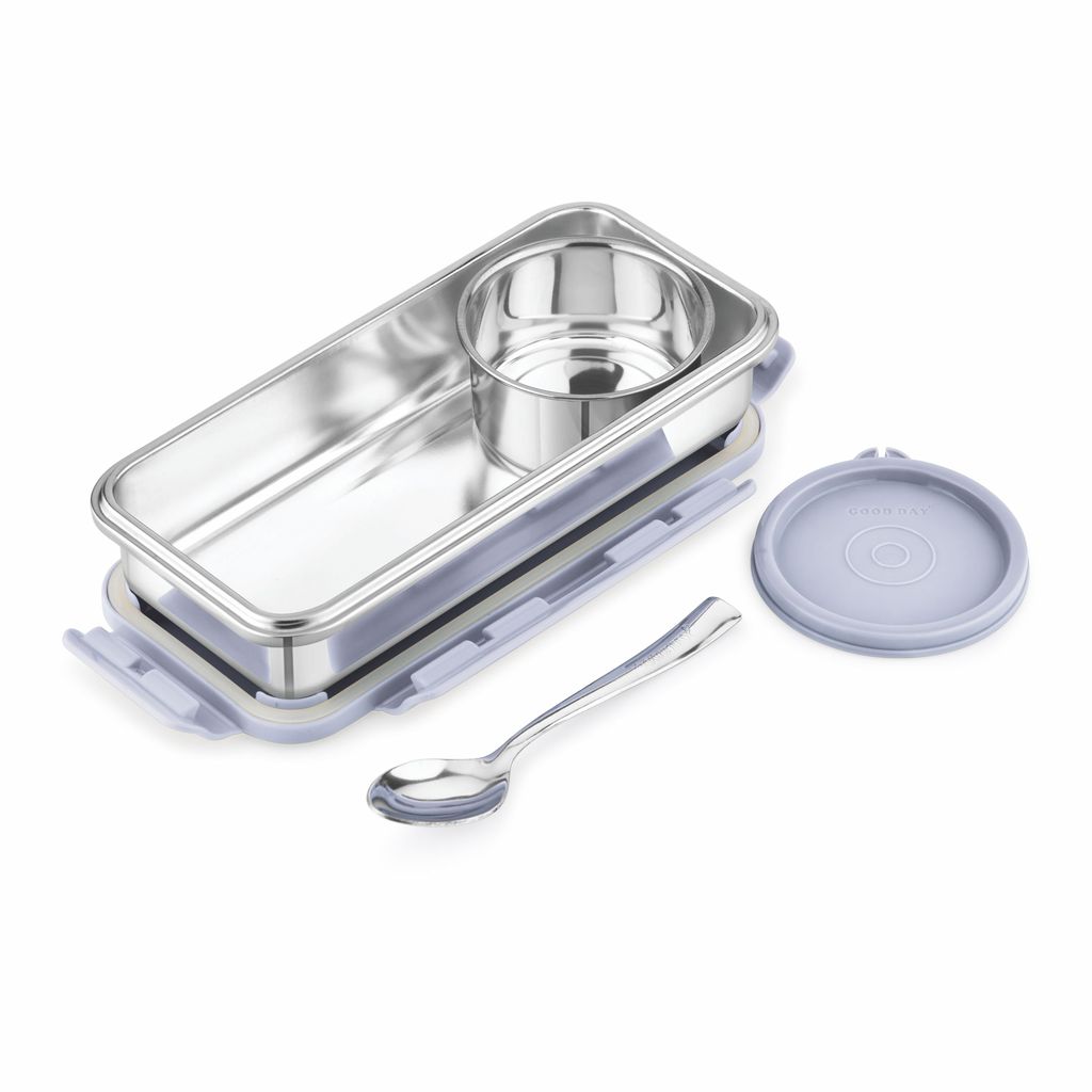Good Day Passion Stainless Steel Lunch Box with Airtight Lid for School Kids and Office Executives (1 Piece, Gray) , (600ml+150ml)