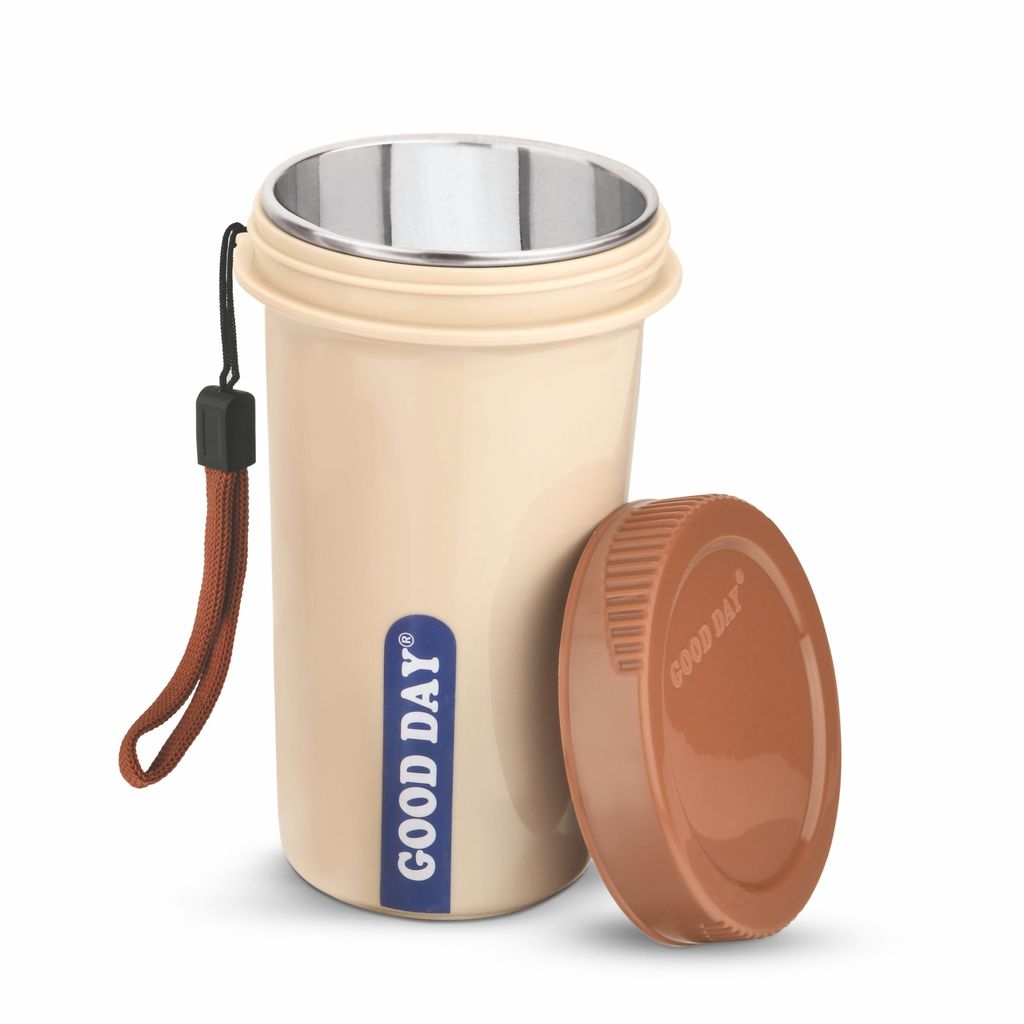 Good Day Easy Meal Tumbler with Strap & Inner Steel Glass, Reusable Travel Mug,Perfect for Coffee, Tea, and Juices (Blue)
